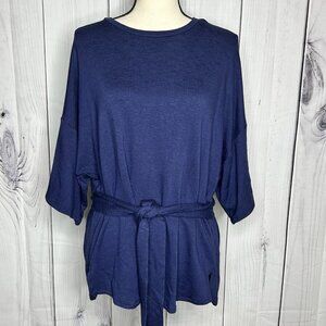 SHOP BASIC USA Tunic Top Boutique Tie Front Short Sleeve Sz S Blue Knit